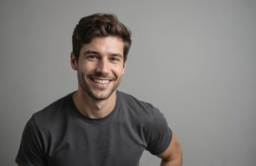 Handsome young caucasian man smiles at camera on white background. He wears grey t-shirt and has friendly approachable expression. Simple studio setup focuses on his face.