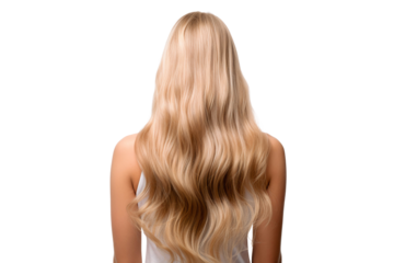 Back view of a woman with beautiful long, healthy blonde hair. Perfect wavy hairstyle isolated on white background