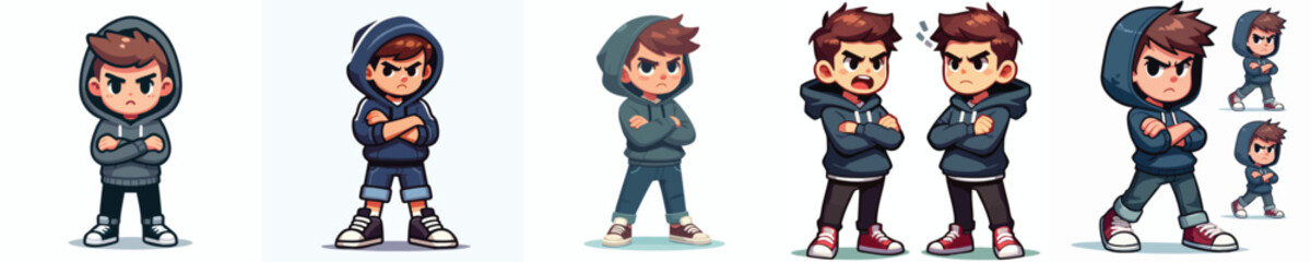 Cartoon Hoodie Boy Character Set – Crossed Arms Angry Pose Vector