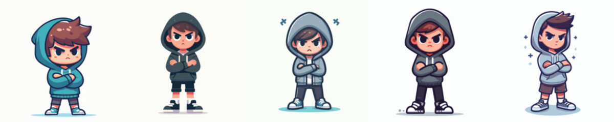 Cute Hoodie Boy with Angry Face – Flat Chibi Style Character Pack