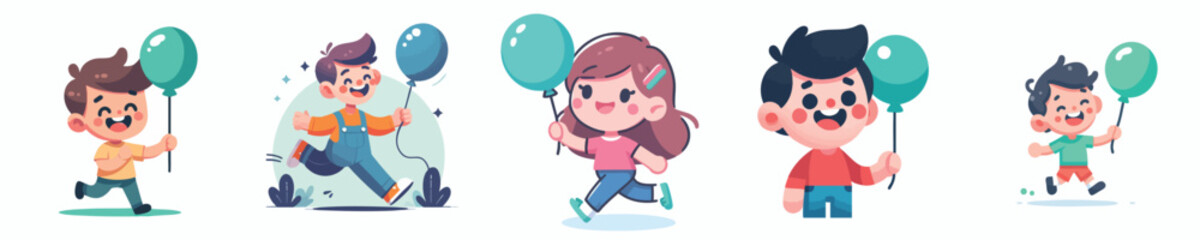 Cute Vector Kids Holding Balloons – Happy Cartoon Children Laughing and Running