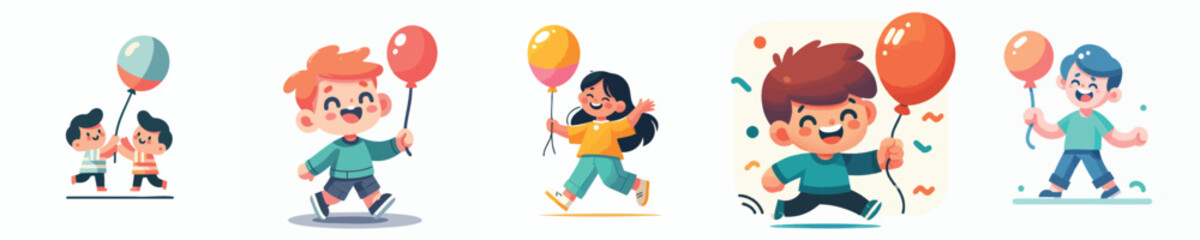 Happy Cartoon Kids Holding Balloons – Cute Vector Children Laughing and Playing