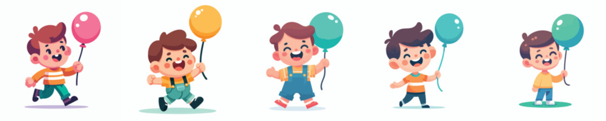 Happy Cartoon Boys Holding Balloons – Cute Vector Children Character Set