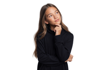 Portrait of a thoughtful young girl looking up with her hand on her chin, isolated on transparent background