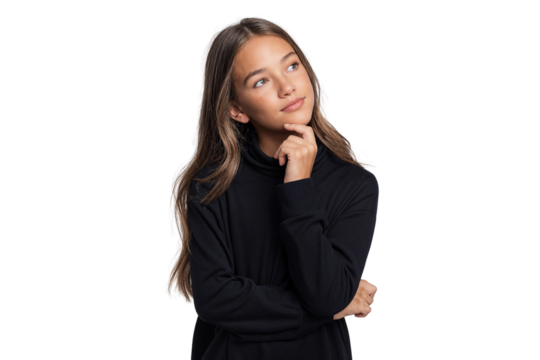 Portrait of a thoughtful young girl looking up with her hand on her chin, isolated on transparent background - Powered by Adobe