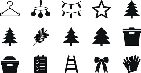 Simple Black Glyph Icons: Christmas Tree, Star, Bow, Checklist, Gloves, and More.
