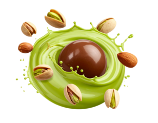  Pistachio-Crusted Chocolate Truffle Splashing into Pistachio Cream with Nuts Floating, Transparent PNG