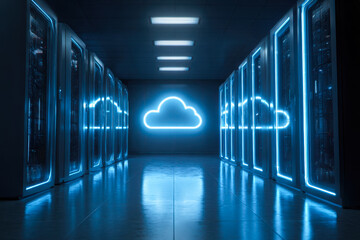 Futuristic data center with neon cloud symbol representing cloud storage technology