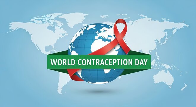 World contraception day awareness with red ribbon and globe on world map background