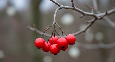 A cluster of vibrant red berries hanging from a bare branch against a soft, blurred background. A minimalist view of autumn or winter nature.