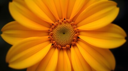 Vibrant macro photograph of a yellow daisy-like flower. Detailed view of the petals and the center against a dark, contrasting background, celebrating nature's beauty.