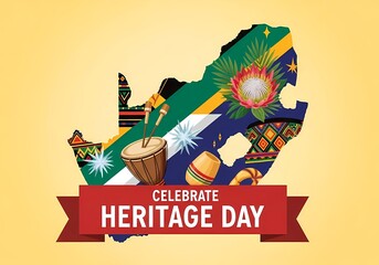 Celebrate heritage day with south african map and cultural symbols for festive design