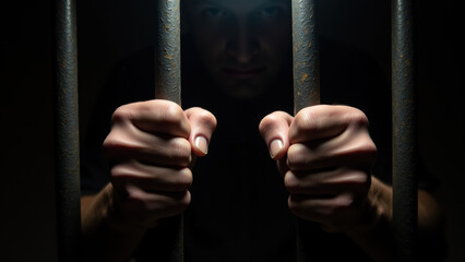 Person grips prison bars, conveying sense of confinement and despair. dim lighting enhances emotional intensity of scene