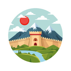 Naklejka premium Fantasy Castle Wall in Mountain Landscape with River, Cartoon Illustration