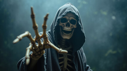 Spooky skeleton figure in dark hooded cloak reaches out with bony fingers, creating eerie atmosphere