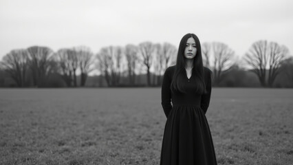Naklejka premium Woman stands in vast, open field wearing long black dress, surrounded by bare trees under cloudy sky, evoking sense of solitude and contemplation
