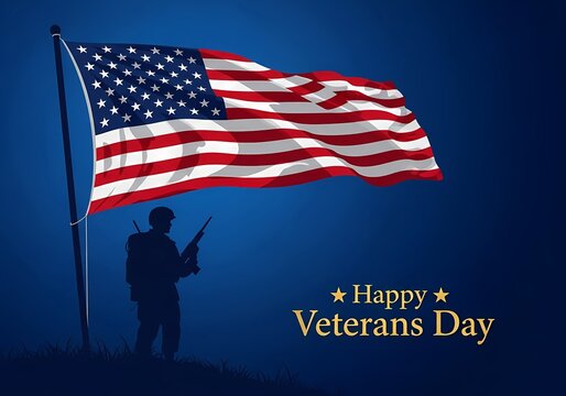 Veterans day tribute with american flag and soldier silhouette on blue night sky