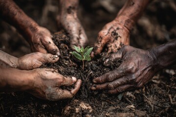 Planting New Tree Sprout Together with Diverse Hands in Fertile Soil. MZ tree, planting, hand, holding, dirtied, ground, growing, young, germinating, together, group, support, close-up, day, green, br
