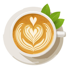 Artistic Coffee Beverage Creation Top View Heart Latte Art Green Leafy Garnishes Flat Lay