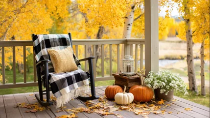 Fotobehang Herfst Cozy autumn porch scene with a rocking chair, pumpkins, and vibrant yellow foliage in the background  © M