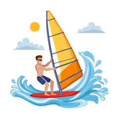 Obraz premium Man windsurfing on a sunny day with clouds and waves, watersport summer recreation