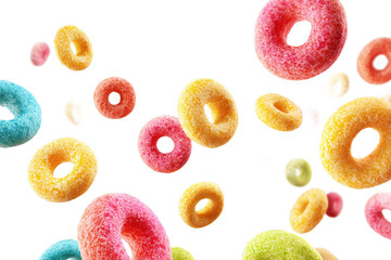 Colorful Cereal Loops Falling, isolated on white transparent background