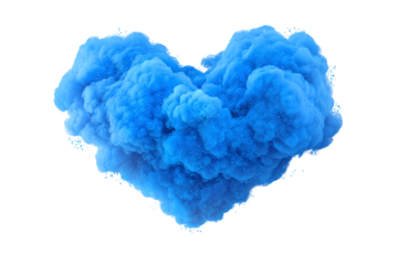 Blue heart-shaped smoke cloud with particles isolated on white transparent background