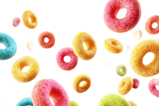 Colorful Cereal Loops Falling, isolated on white transparent background