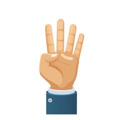 Hand Showing Four Fingers Up Wearing a Business Suit Against Black Background Counting Sign Icon Number