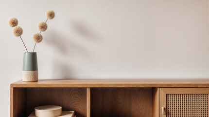 A minimalist vignette of warm wood and neutral calm