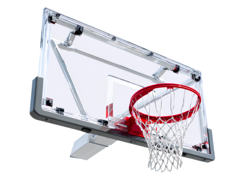 Minimal Modern Indoor Basketball Hoop with Glass Backboard, Angled Top-Down View, Isolated on Transparent Background