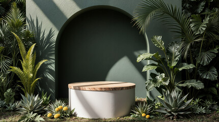 A sun-dappled, modern interior scene with a rounded alcove bench embraced by lush tropical plants