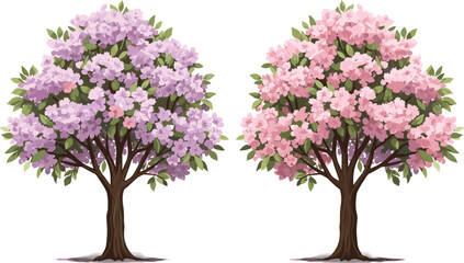 Fototapeta premium Purple and pink flower blooming trees, spring floral tree illustration, pastel trees, flowering landscape art, vibrant seasonal blossom trees