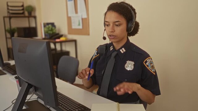 Policewoman in uniform working at a desk with computer and headset in a police station, taking notes, showcasing a professional environment for communication and coordination.