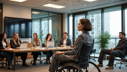 Woman in wheelchair at business meeting with coworkers, Woman in wheelchair at business meeting in modern conference room with glass walls.