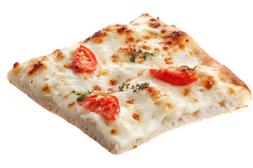 Square slice of pizza with cheese and tomatoes isolated on white transparent background.