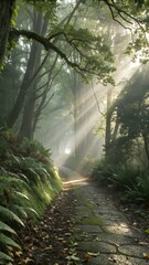 Fototapeta premium Bright sunbeams stream through tall forest trees, casting light upon a serene path winding through gentle morning mist.