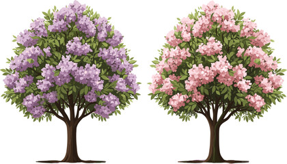 Flowering tree, pink blossom, purple flowers, spring foliage, blooming tree, cartoon nature, garden tree, vibrant flora, botanical illustration, outdoor tree element