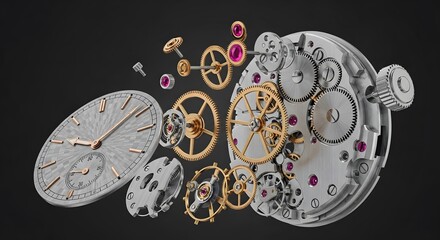 Exploded View of a Watch Mechanism with Gears, Springs, and Jewels on dark background