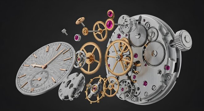 Exploded View of a Watch Mechanism with Gears, Springs, and Jewels on dark background
