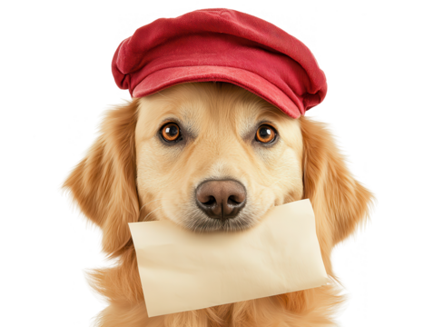 Dog wearing mailman hat, holding letter in mouth