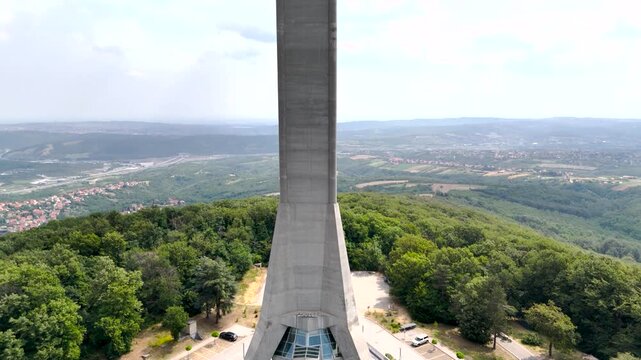 Aerial view of Avala Tower in Serbia on a cloudy summer day