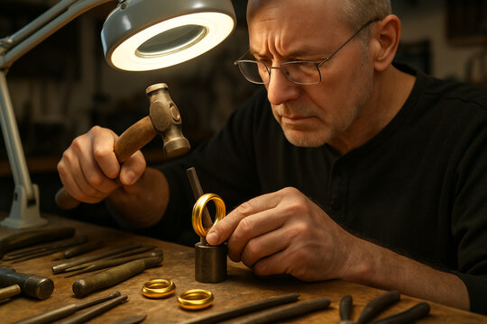 Focused goldsmith meticulously working on a gold ring using a hammer and mandrel.