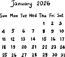 calendar planner 2026 organizer handwriting illustration