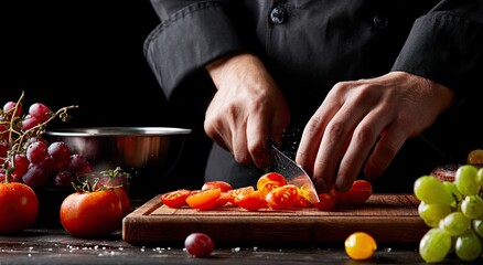 Chef's hands finely chop cherry tomatoes on a wooden board, surrounded by fresh produce