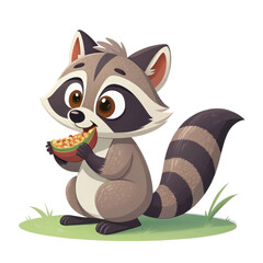 Cute cartoon raccoon eating from a bowl isolated on transparent background