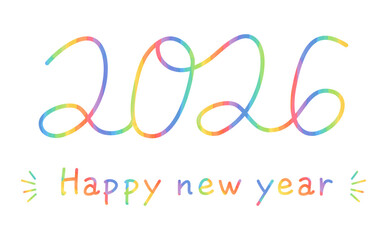 虹色の手描き文字の2026年とHappy new yearの年賀ロゴ