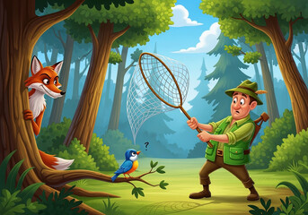 Funny cartoon hunter trying to catch a blue bird with a net while a sneaky fox is watching
