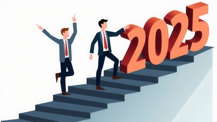 Fototapeta premium 2026 New Year Business Goals Concept. Businessmen point to 2025 on a staircase, steps toward achieving business goals, growth, and success in the new year.