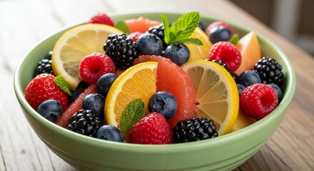 A vibrant fruit salad in a light green bowl featuring citrus fruits and mixed berries on a wooden surface